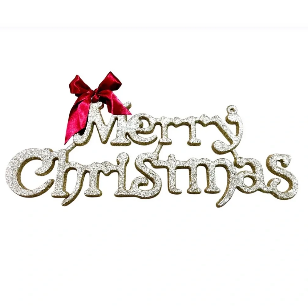 Gold Glitter Merry Christmas Sign with Bright Red Bow